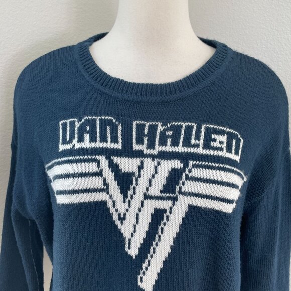TRUNK Ltd. Womens XS Navy Blue Distressed Van Halen Sweater Long Sleeve Knit Top - Picture 2 of 12